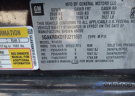 2015 Buick Enclave Leather z USA, uszkodzony, nr VIN 5GAKRBKD1FJ211691